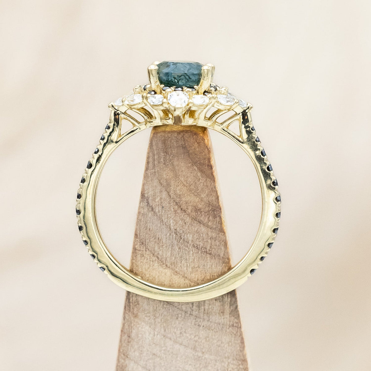 "North Star" - Oval Cut Moss Agate Engagement Ring With A Diamond Tracer