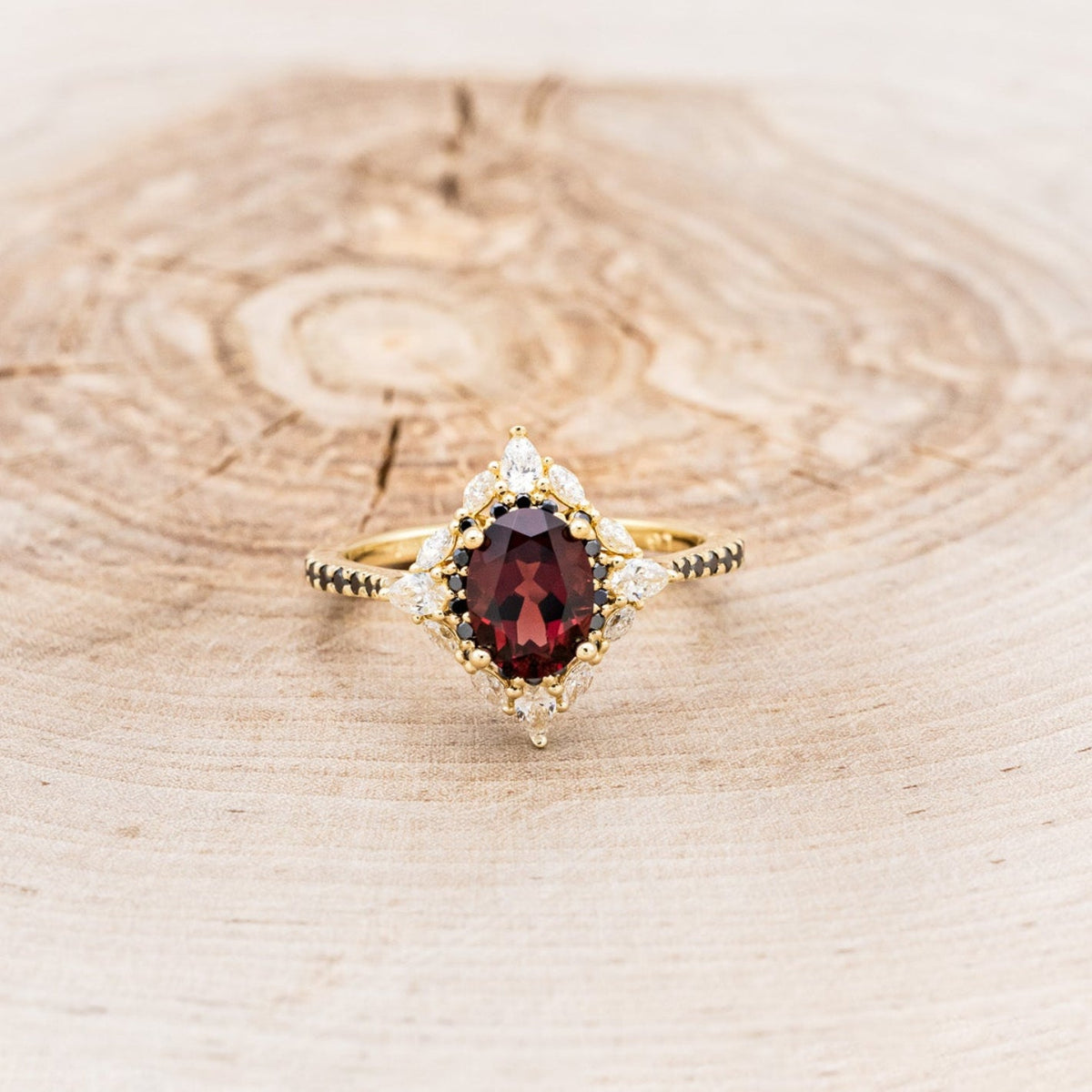 "North Star" - Oval Garnet Engagement Ring With Diamond Halo & Accents