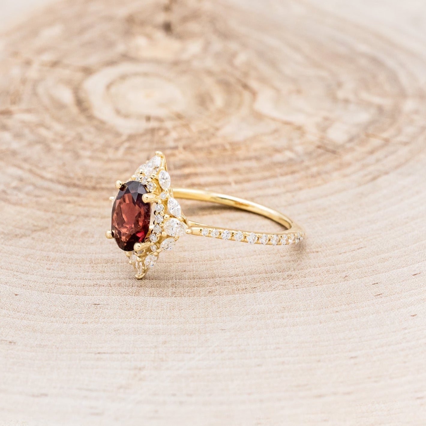 "North Star" - Oval Garnet Engagement Ring With Diamond Halo & Accents