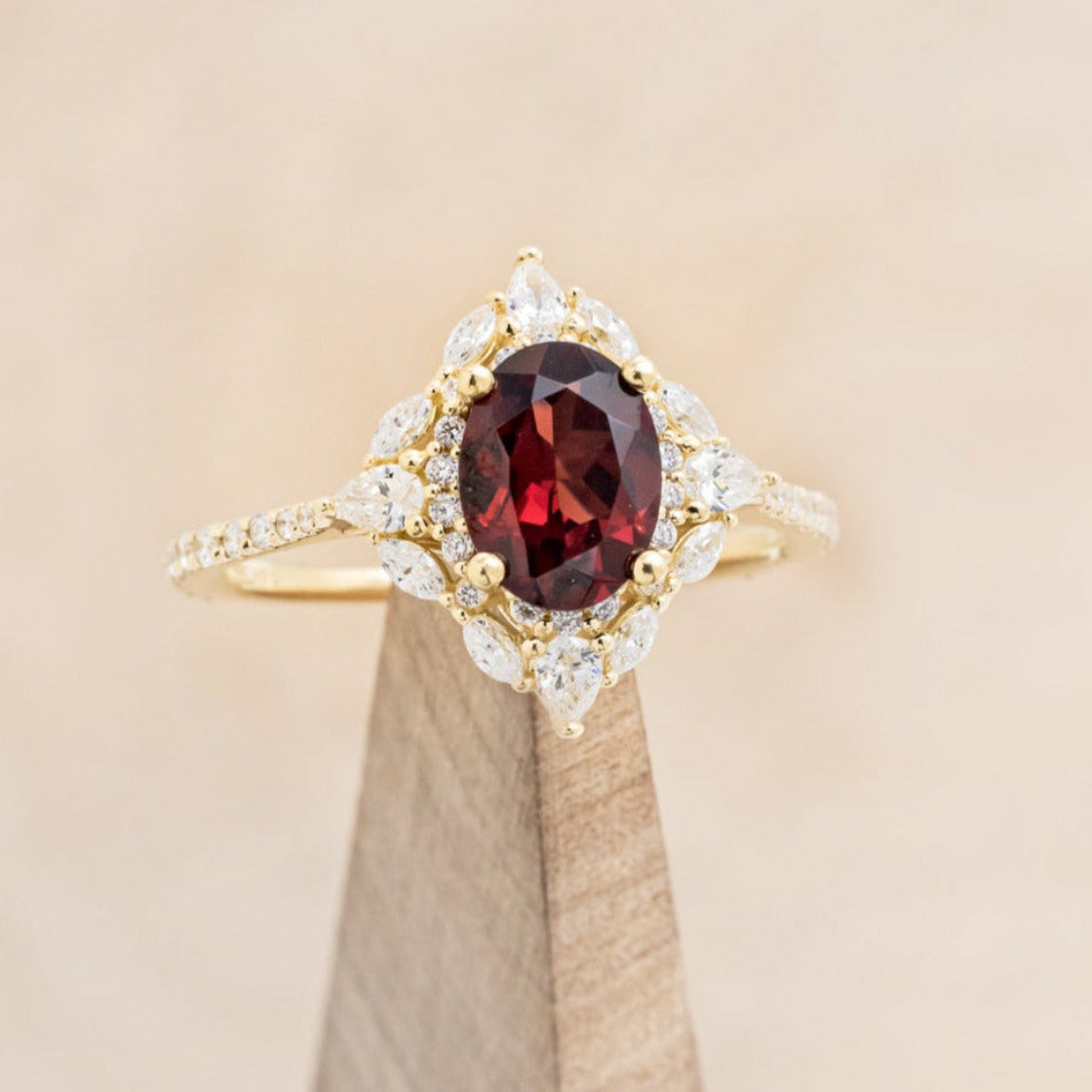 "North Star" - Oval Garnet Engagement Ring With Diamond Halo & Accents