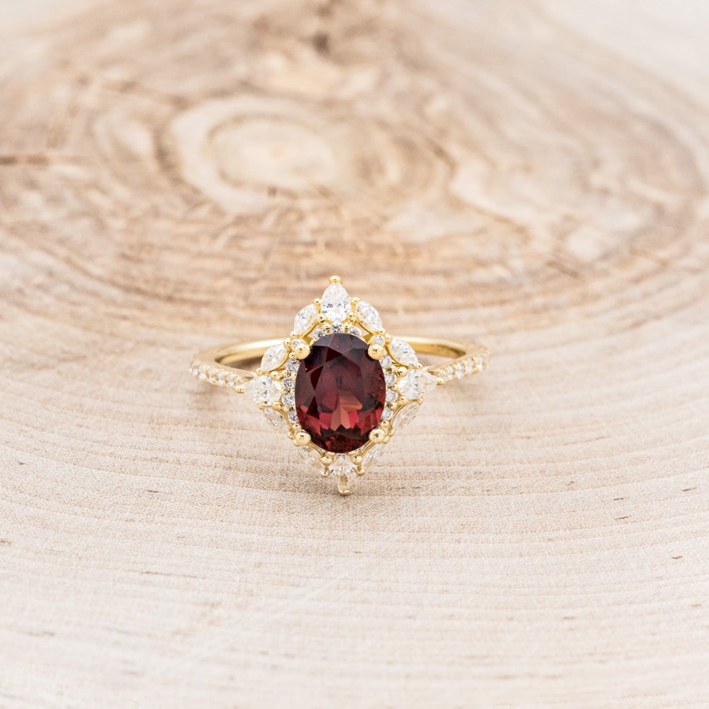"North Star" - Oval Garnet Engagement Ring With Diamond Halo & Accents
