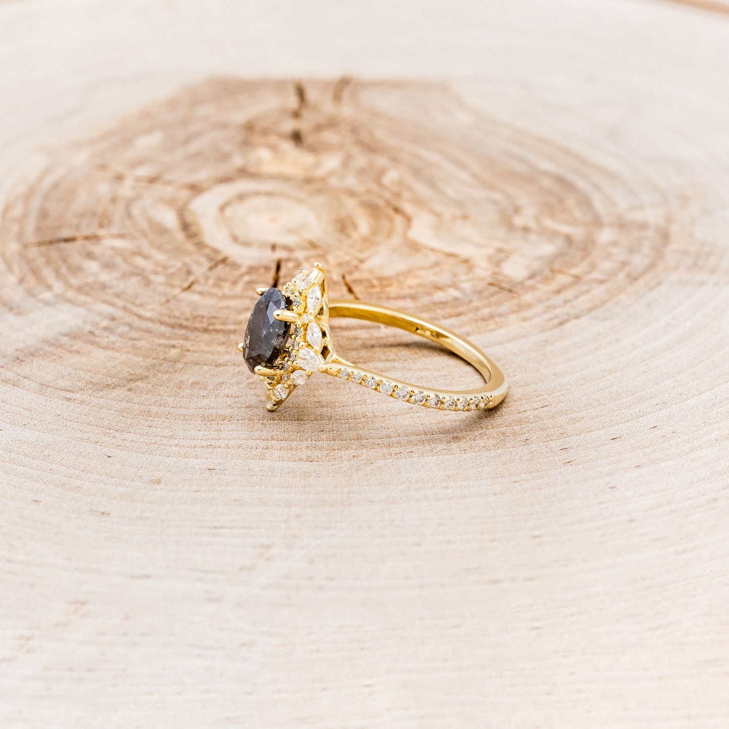 "North Star" - Oval Salt & Pepper Diamond Engagement Ring With Diamond Halo & Accents