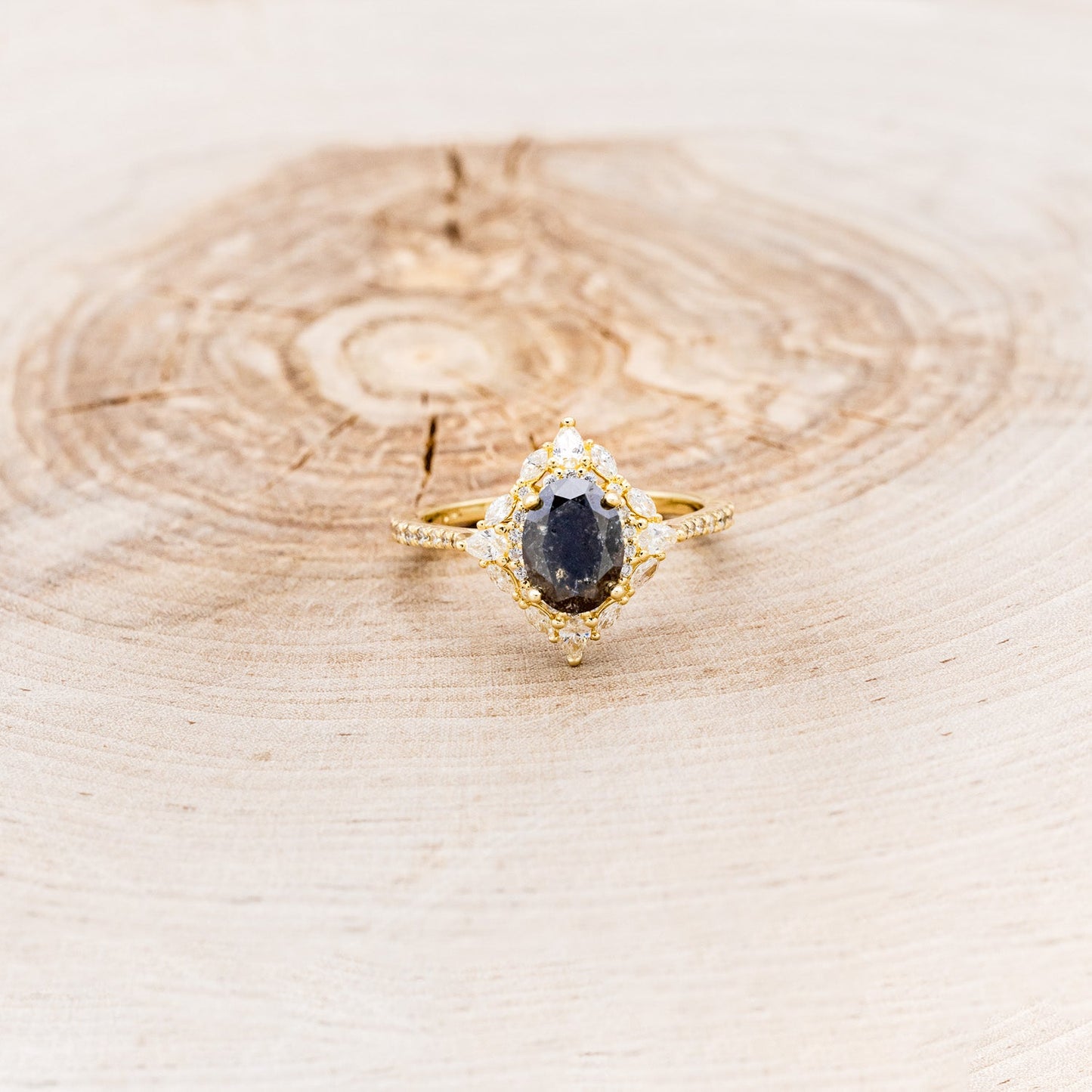 "North Star" - Oval Salt & Pepper Diamond Engagement Ring With Diamond Halo & Accents