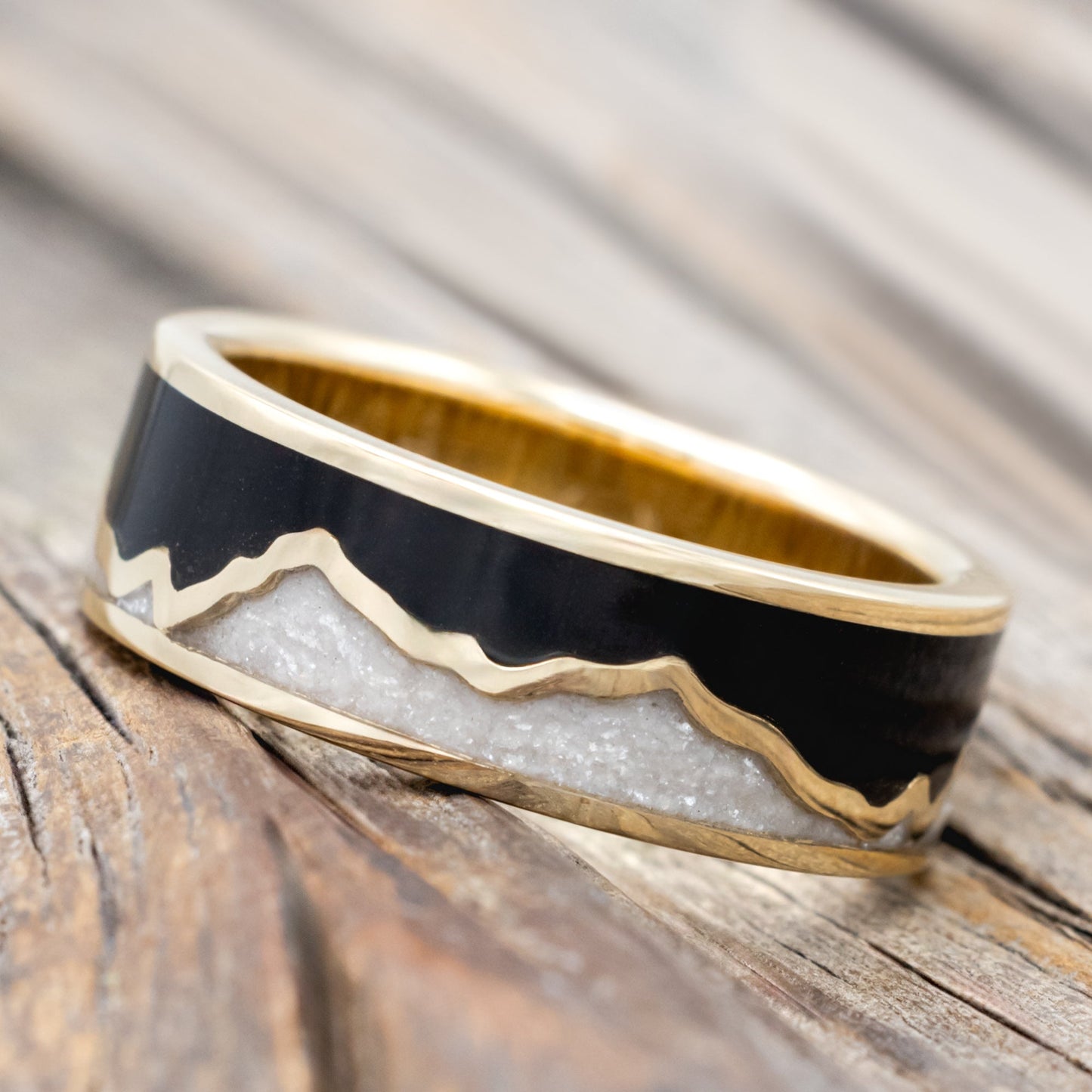 "Peak" - Jet Stone & Diamond Dust Inlay With Mountain Range Wedding Band