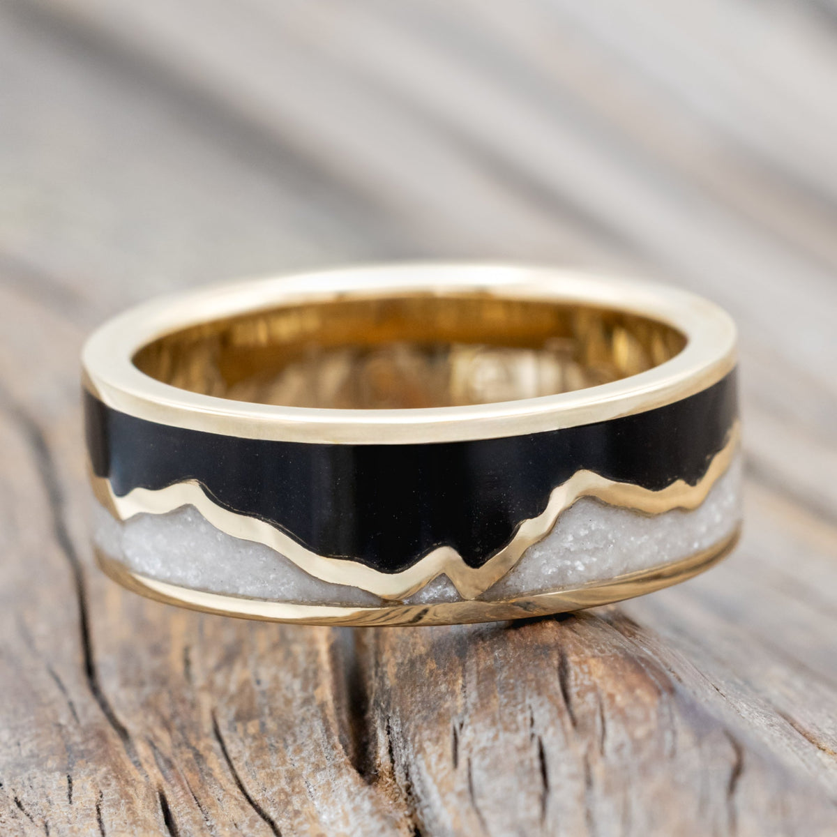 "Peak" - Jet Stone & Diamond Dust Inlay With Mountain Range Wedding Band
