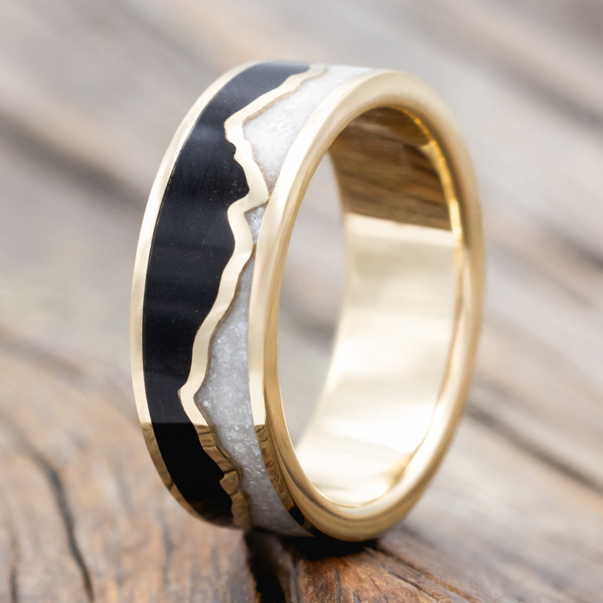 "Peak" - Jet Stone & Diamond Dust Inlay With Mountain Range Wedding Band