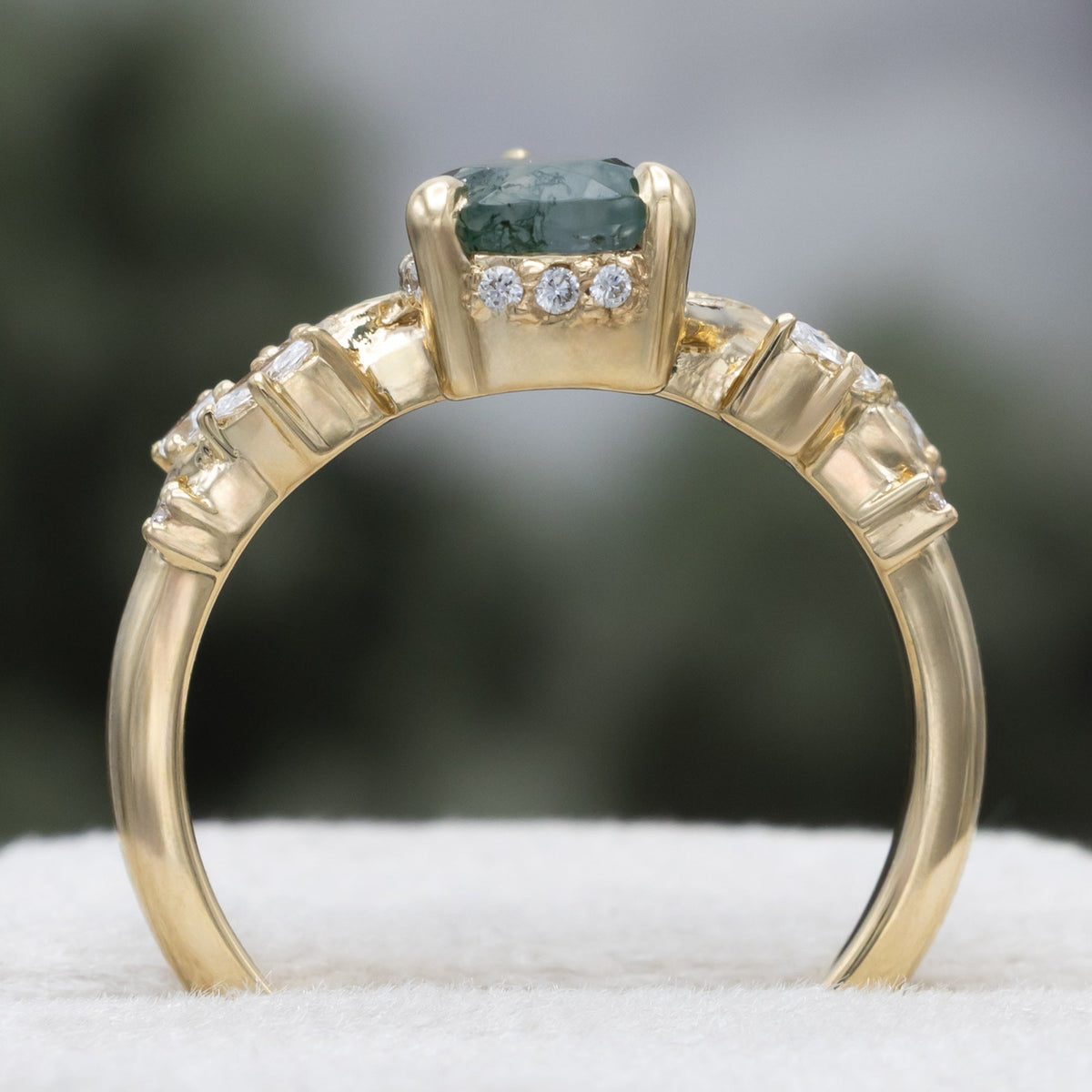 "Catori" - Pear Cut Moss Agate Engagement Ring On A Leaf Style Band With A Hidden Halo