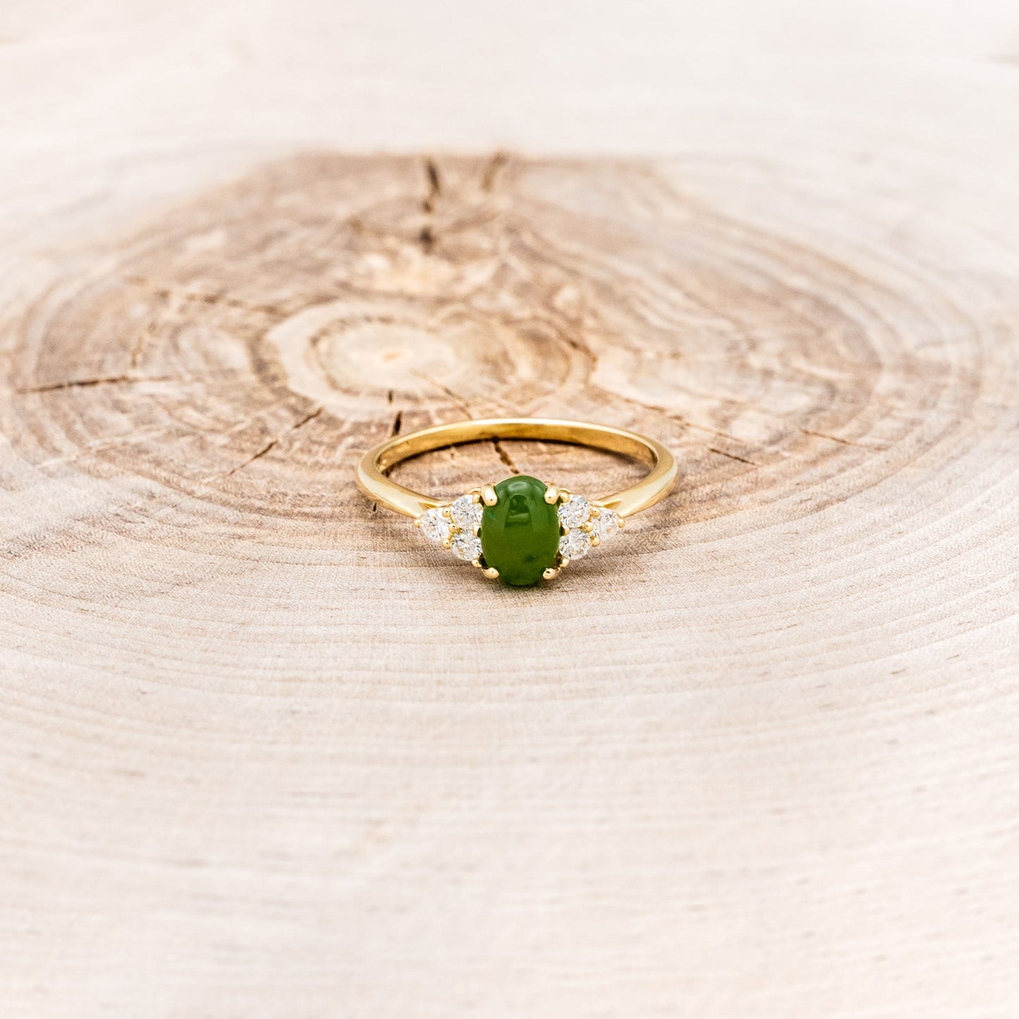 "Rhea" - Cabochon Cut Jade Engagement Ring With Diamond Accents
