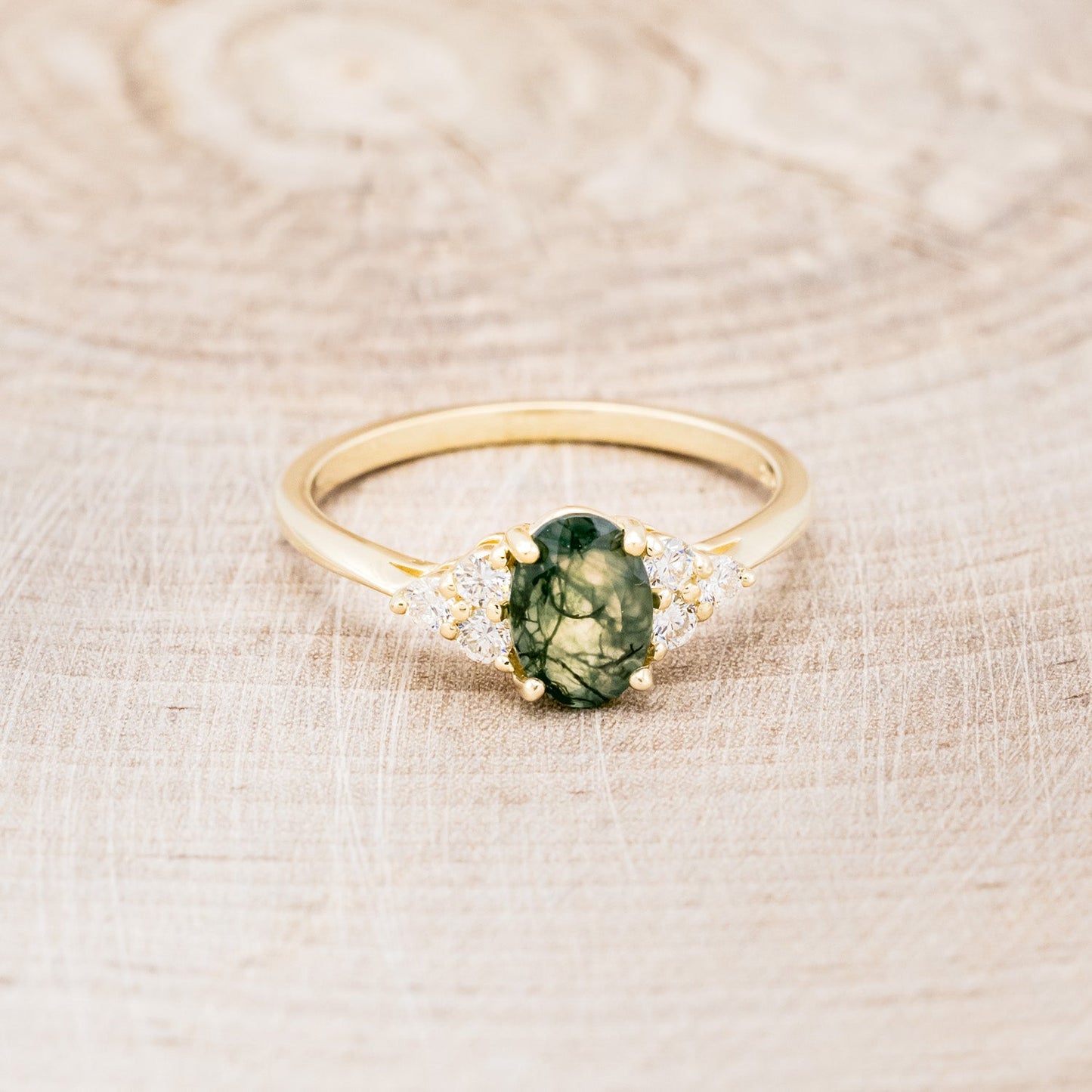 "Rhea" - Oval Cut Moss Agate Engagement Ring With Diamond Accents