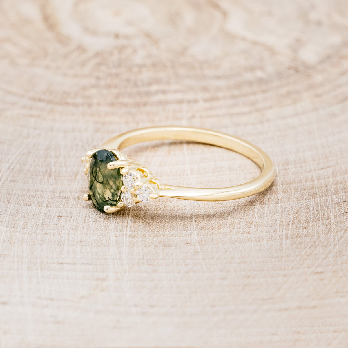 "Rhea" - Oval Cut Moss Agate Engagement Ring With Diamond Accents