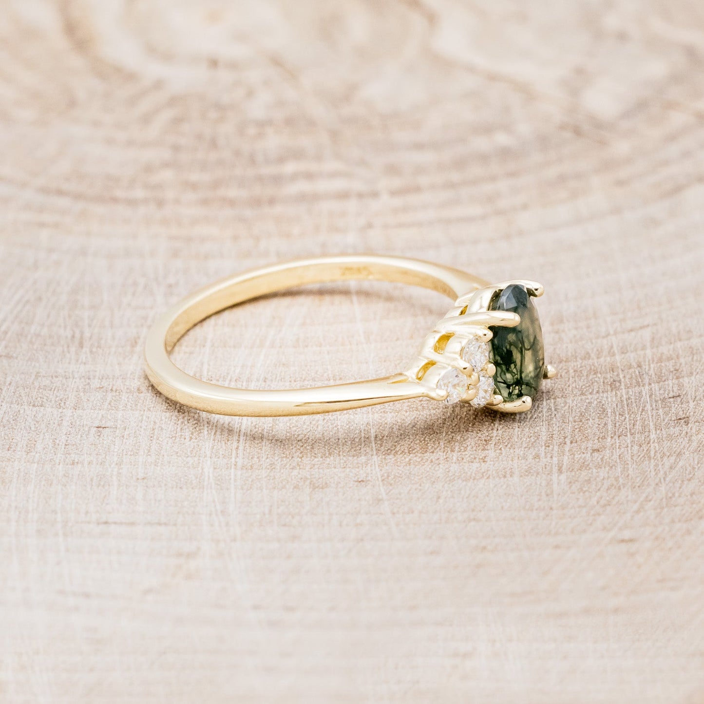 "Rhea" - Oval Cut Moss Agate Engagement Ring With Diamond Accents