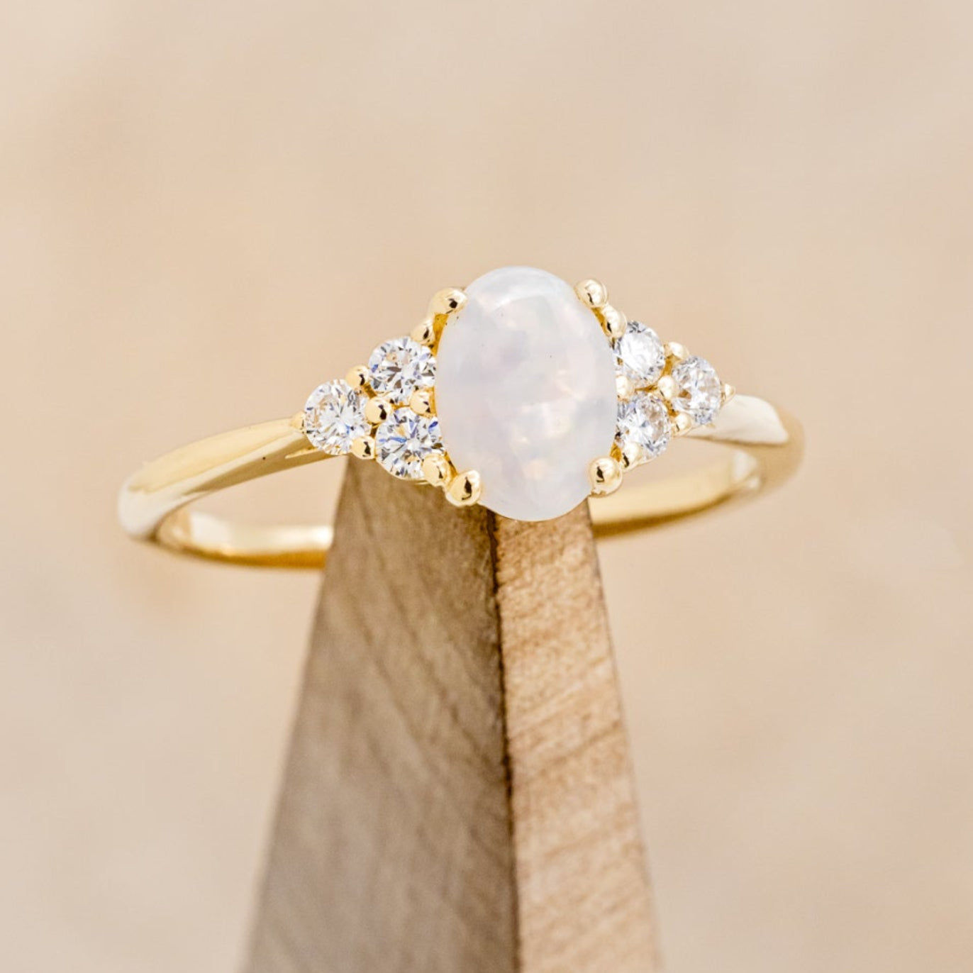 "Rhea" - Oval Cabochon Cut White Opal Engagement Ring With Diamond Accents