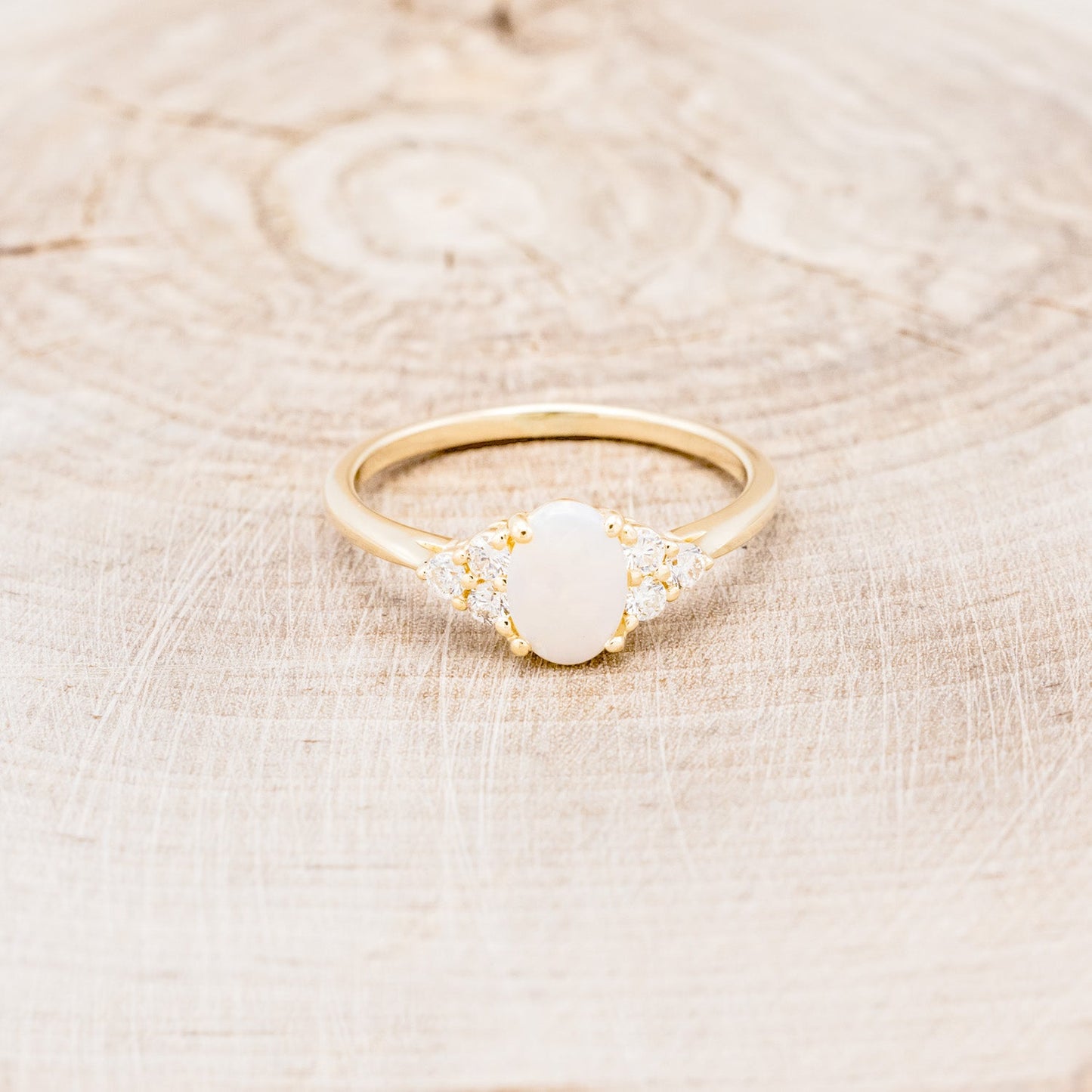 "Rhea" - Oval Cabochon Cut White Opal Engagement Ring With Diamond Accents