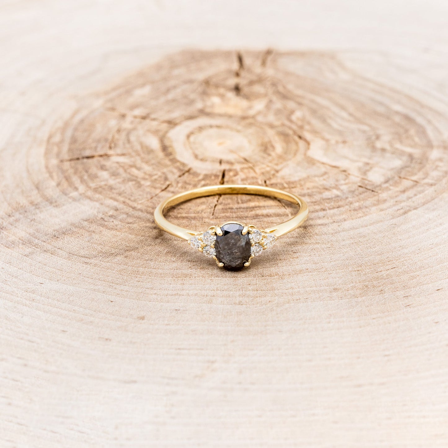 "Rhea" - Oval Cut Salt & Pepper Diamond Engagement Ring With Diamond Accents