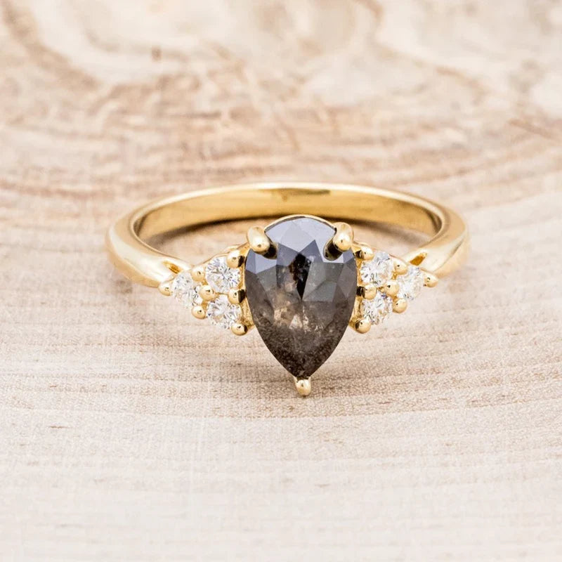 "Rhea" - Pear Rosecut Salt & Pepper Diamond Engagement Ring With Diamond Accents - 14K Yellow Gold - Size 6 1/2