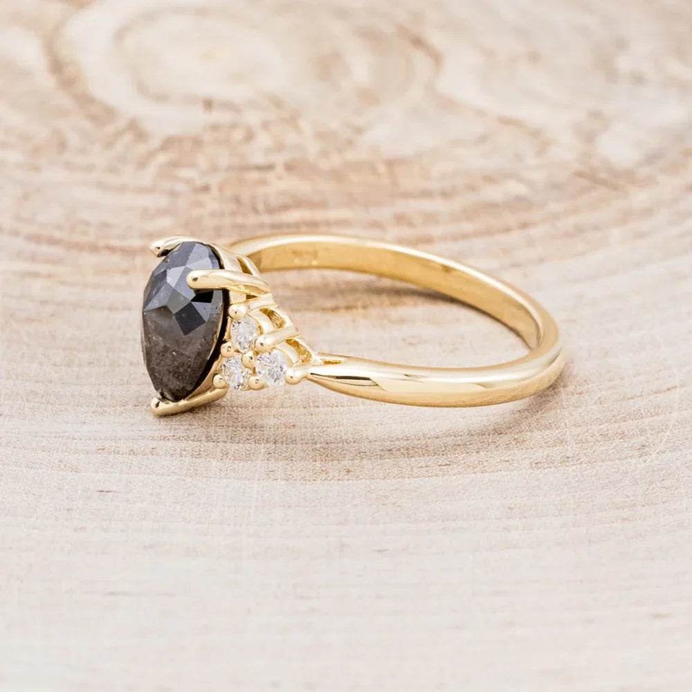 "Rhea" - Pear Rosecut Salt & Pepper Diamond Engagement Ring With Diamond Accents - 14K Yellow Gold - Size 6 1/2