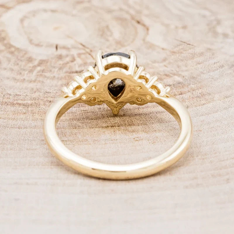 "Rhea" - Pear Rosecut Salt & Pepper Diamond Engagement Ring With Diamond Accents - 14K Yellow Gold - Size 6 1/2