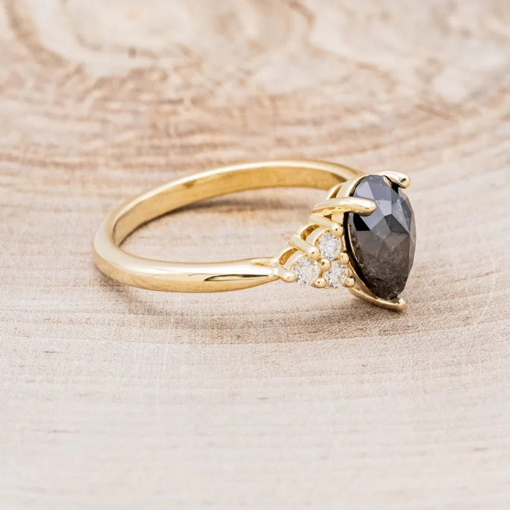 "Rhea" - Pear Rosecut Salt & Pepper Diamond Engagement Ring With Diamond Accents - 14K Yellow Gold - Size 6 1/2