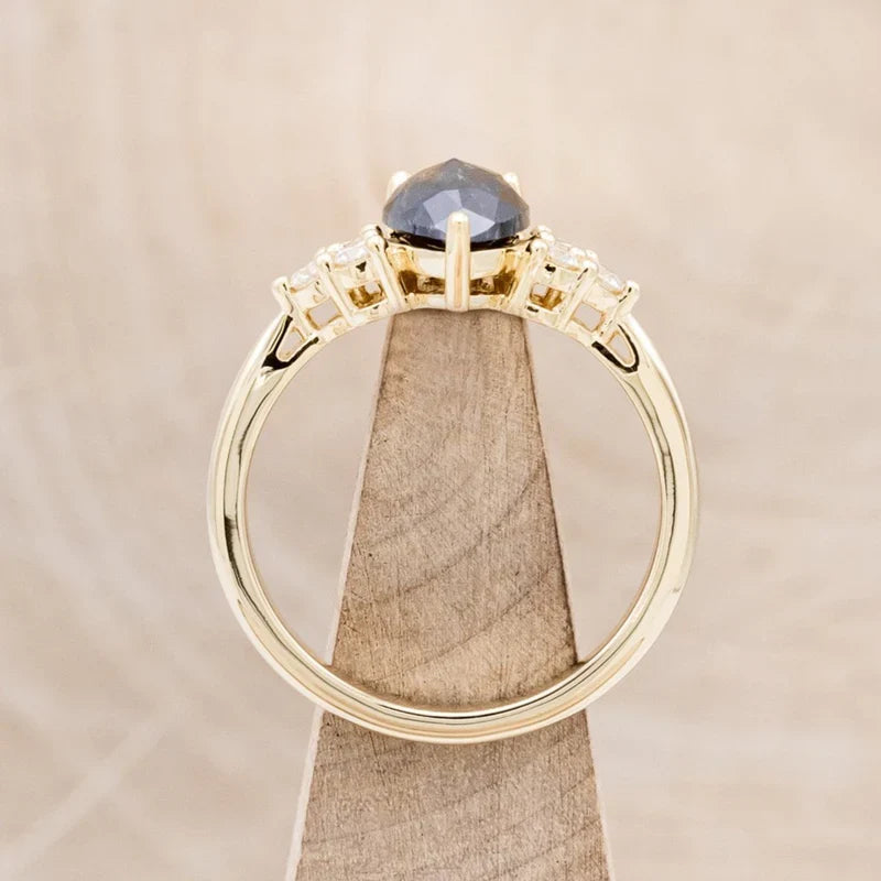 "Rhea" - Pear Rosecut Salt & Pepper Diamond Engagement Ring With Diamond Accents - 14K Yellow Gold - Size 6 1/2