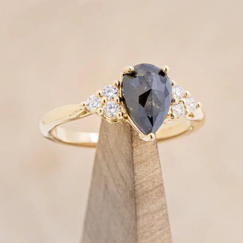 "Rhea" - Pear Rosecut Salt & Pepper Diamond Engagement Ring With Diamond Accents - 14K Yellow Gold - Size 6 1/2