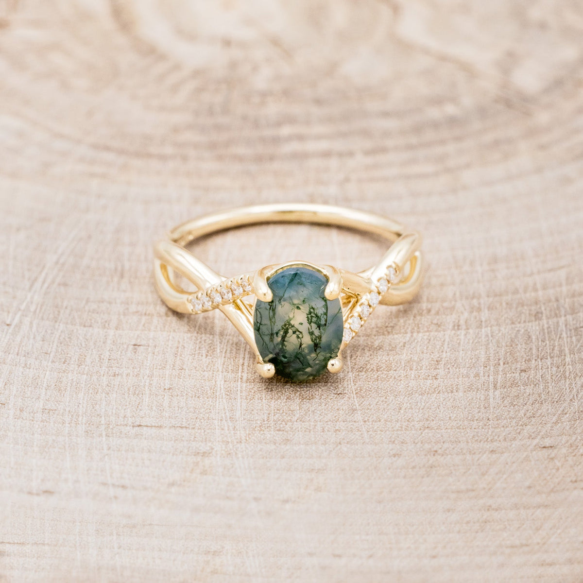 "Roslyn" - Oval Cut Moss Agate Engagement Ring With Diamond Accents