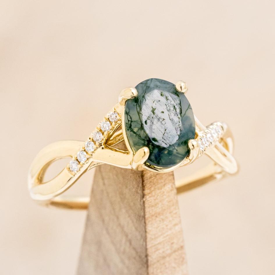 "Roslyn" - Oval Cut Moss Agate Engagement Ring With Diamond Accents