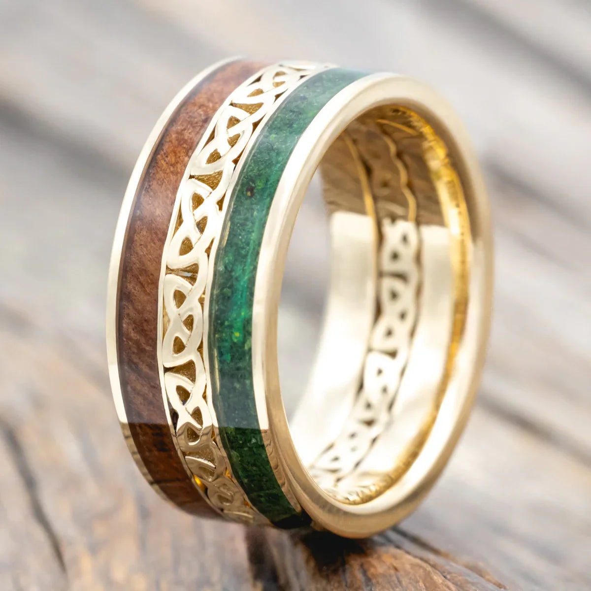"Ryder" - Moss & Redwood Wedding Ring With Celtic Love Knot Cutout - 14K Yellow Gold (8mm) - Size 8
