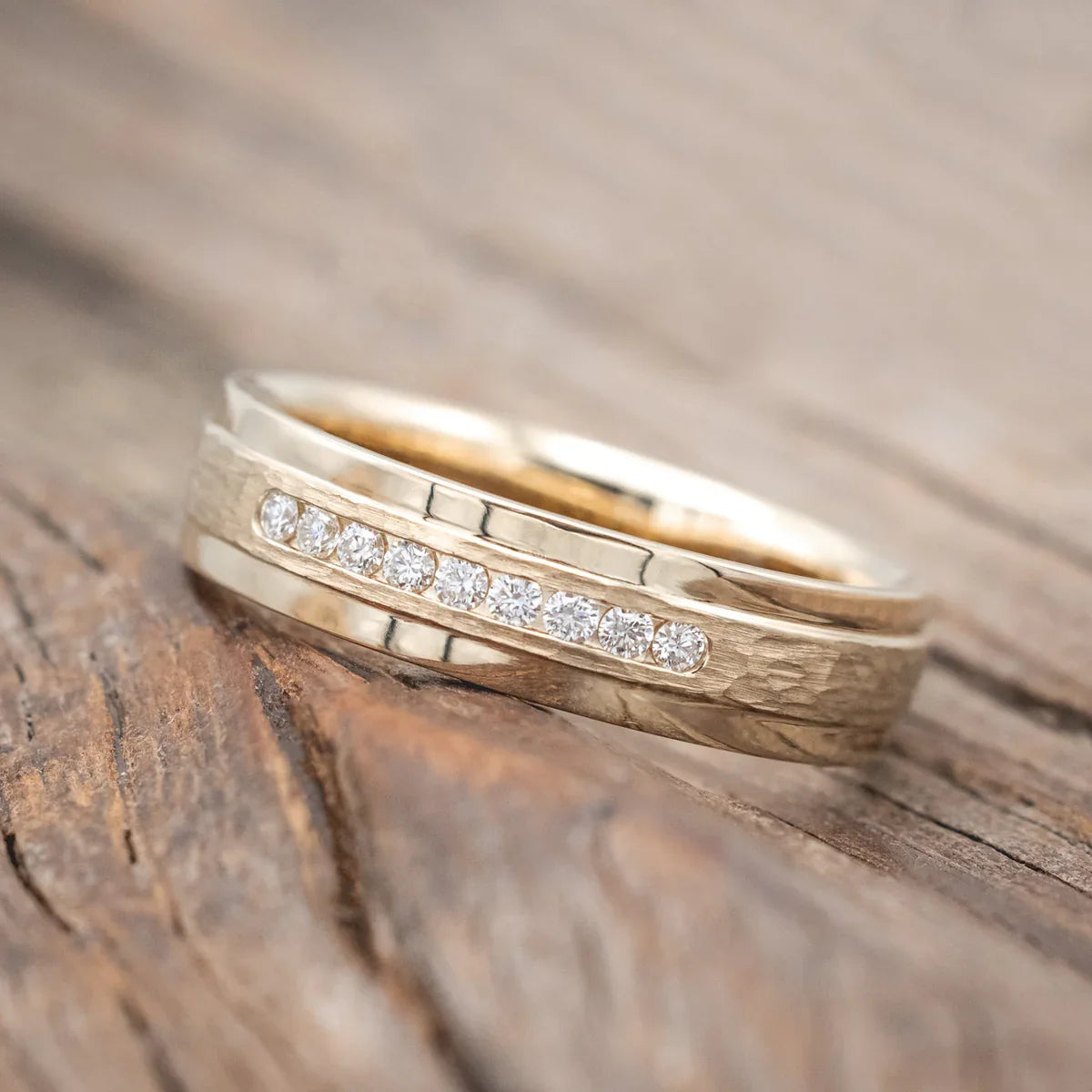 "Sedona" - Wedding Ring With Diamonds And A Raised, Hammered Center - 14K Yellow Gold (6mm) - Size 8