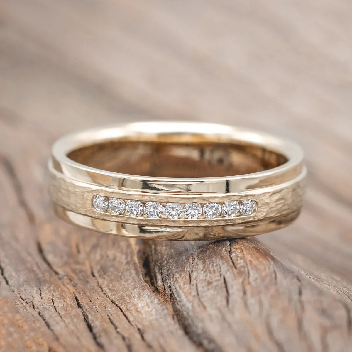 "Sedona" - Wedding Ring With Diamonds And A Raised, Hammered Center - 14K Yellow Gold (6mm) - Size 8