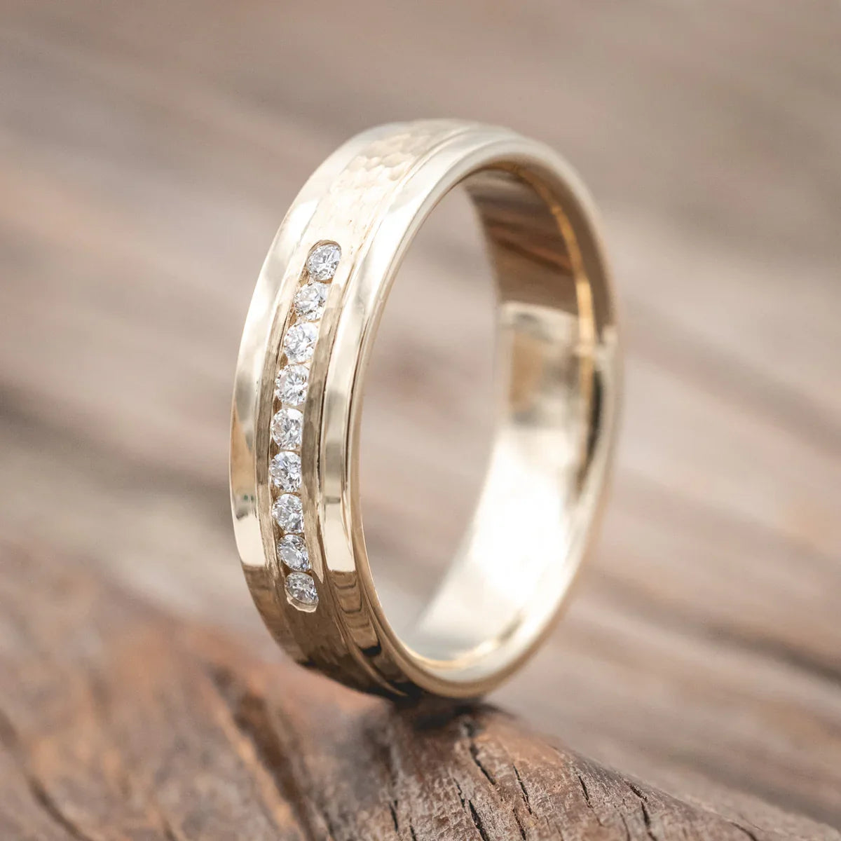 "Sedona" - Wedding Ring With Diamonds And A Raised, Hammered Center - 14K Yellow Gold (6mm) - Size 8