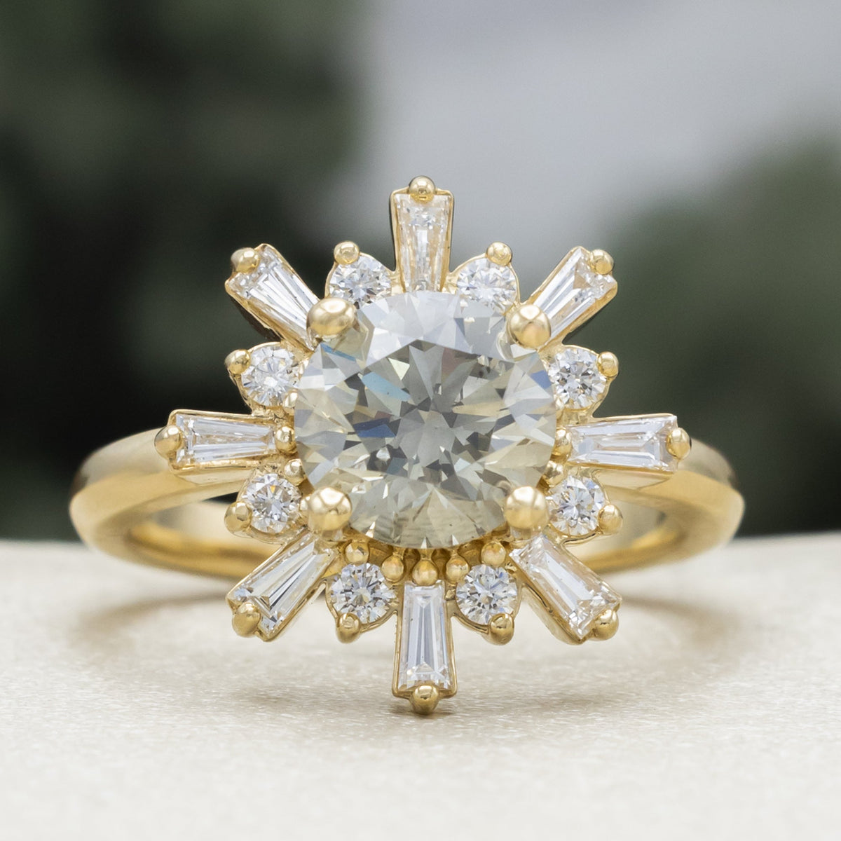 One-Of-A-Kind - "Seren" - Round Cut Salt & Pepper Diamond Engagement Ring With Diamond Halo