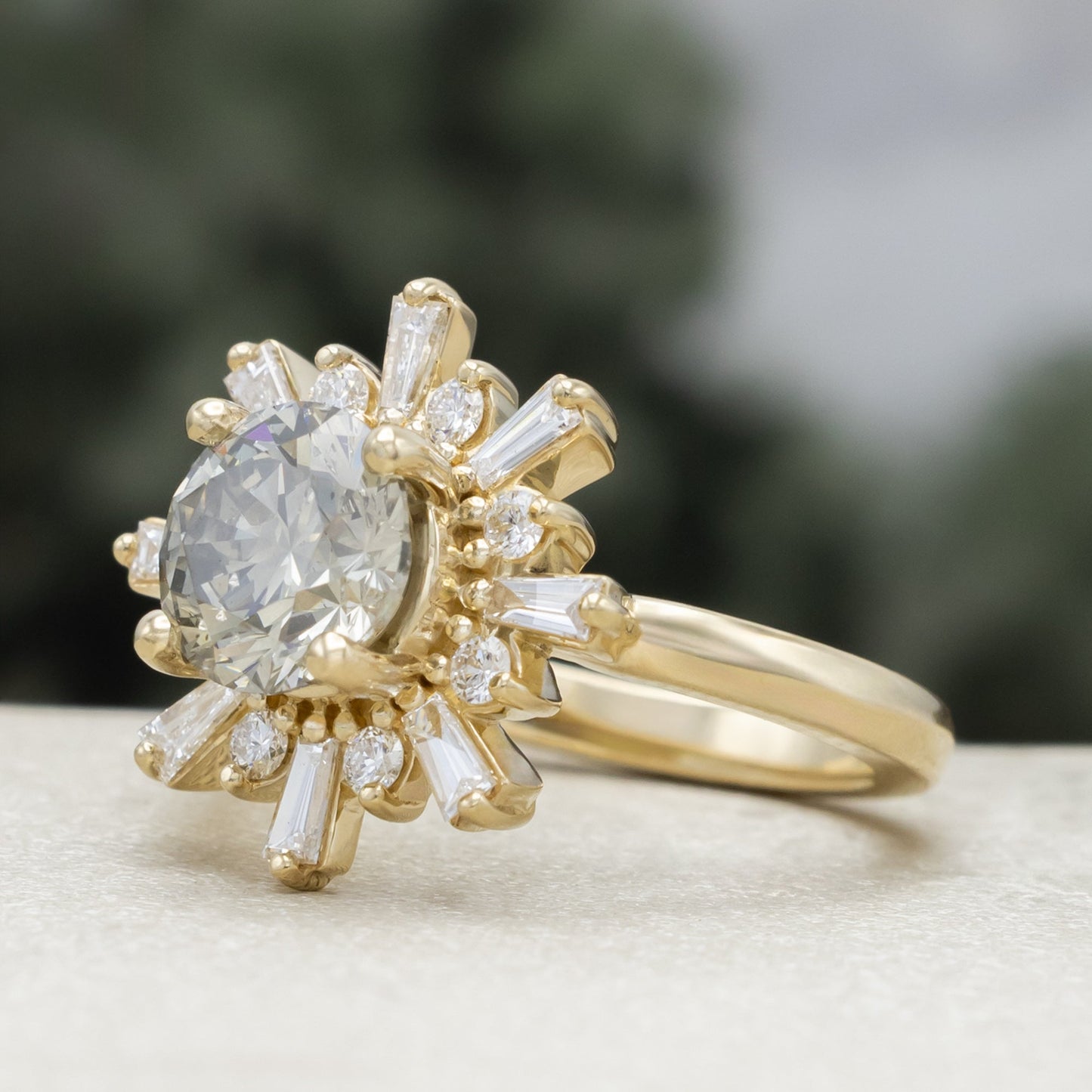 One-Of-A-Kind - "Seren" - Round Cut Salt & Pepper Diamond Engagement Ring With Diamond Halo