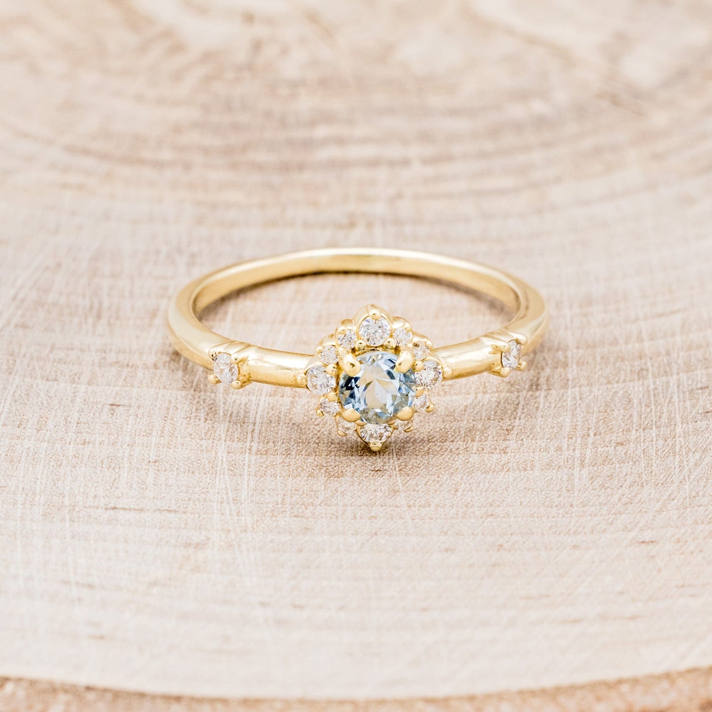 "Starla" - Aquamarine Engagement Ring With Starburst Diamond Halo & Contoured Tracer