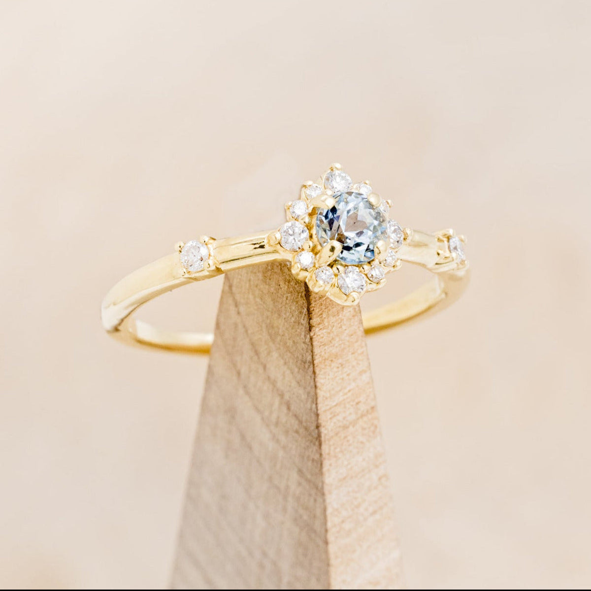 "Starla" - Aquamarine Engagement Ring With Starburst Diamond Halo & Contoured Tracer