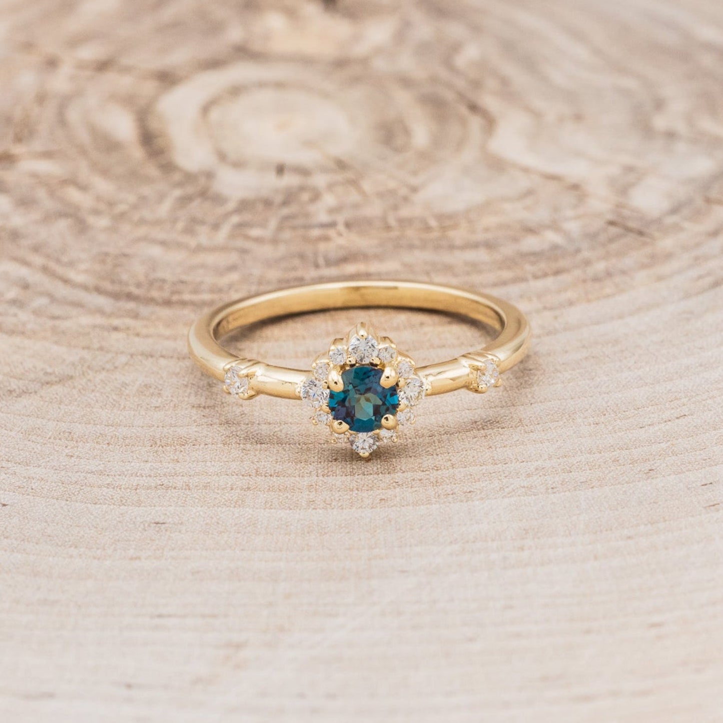 "Starla" - Round Cut Lab-Grown Alexandrite Engagement Ring With Starburst Diamond Halo