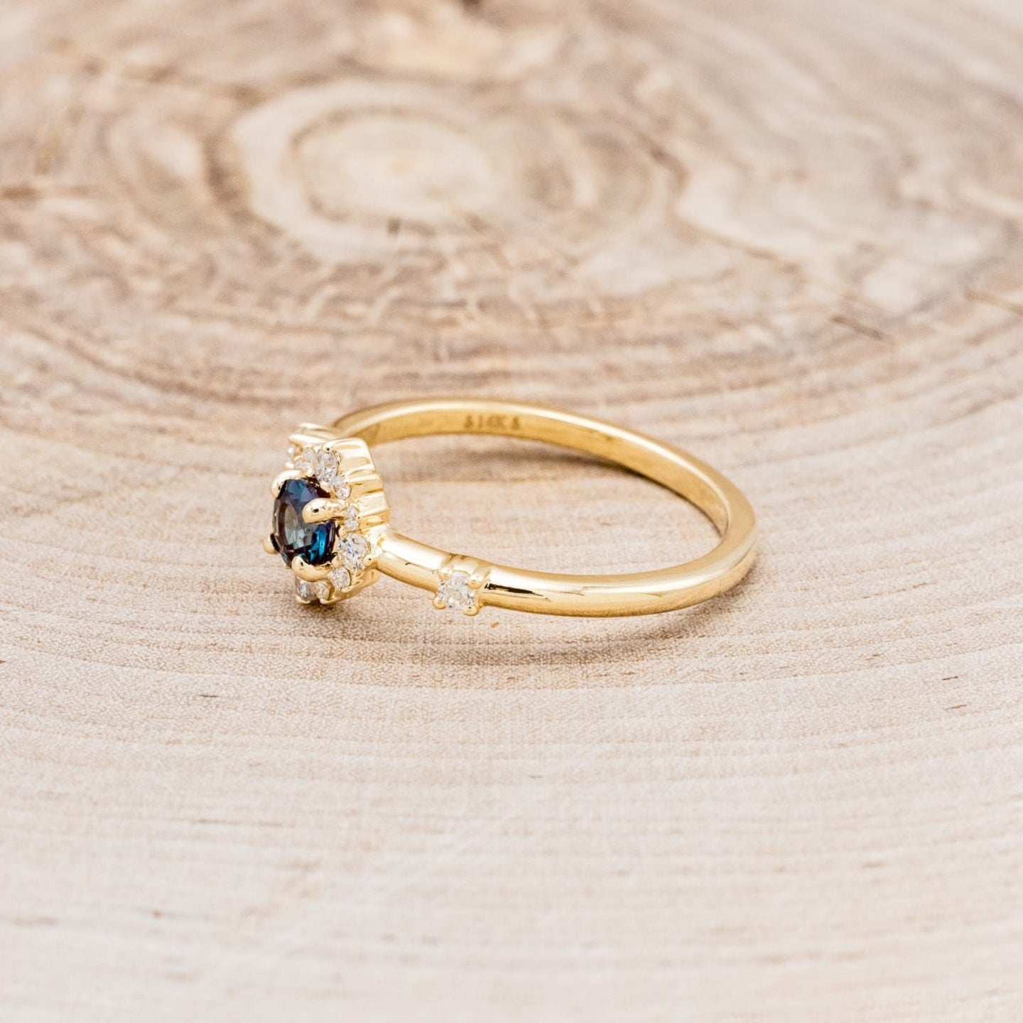 "Starla" - Round Cut Lab-Grown Alexandrite Engagement Ring With Starburst Diamond Halo