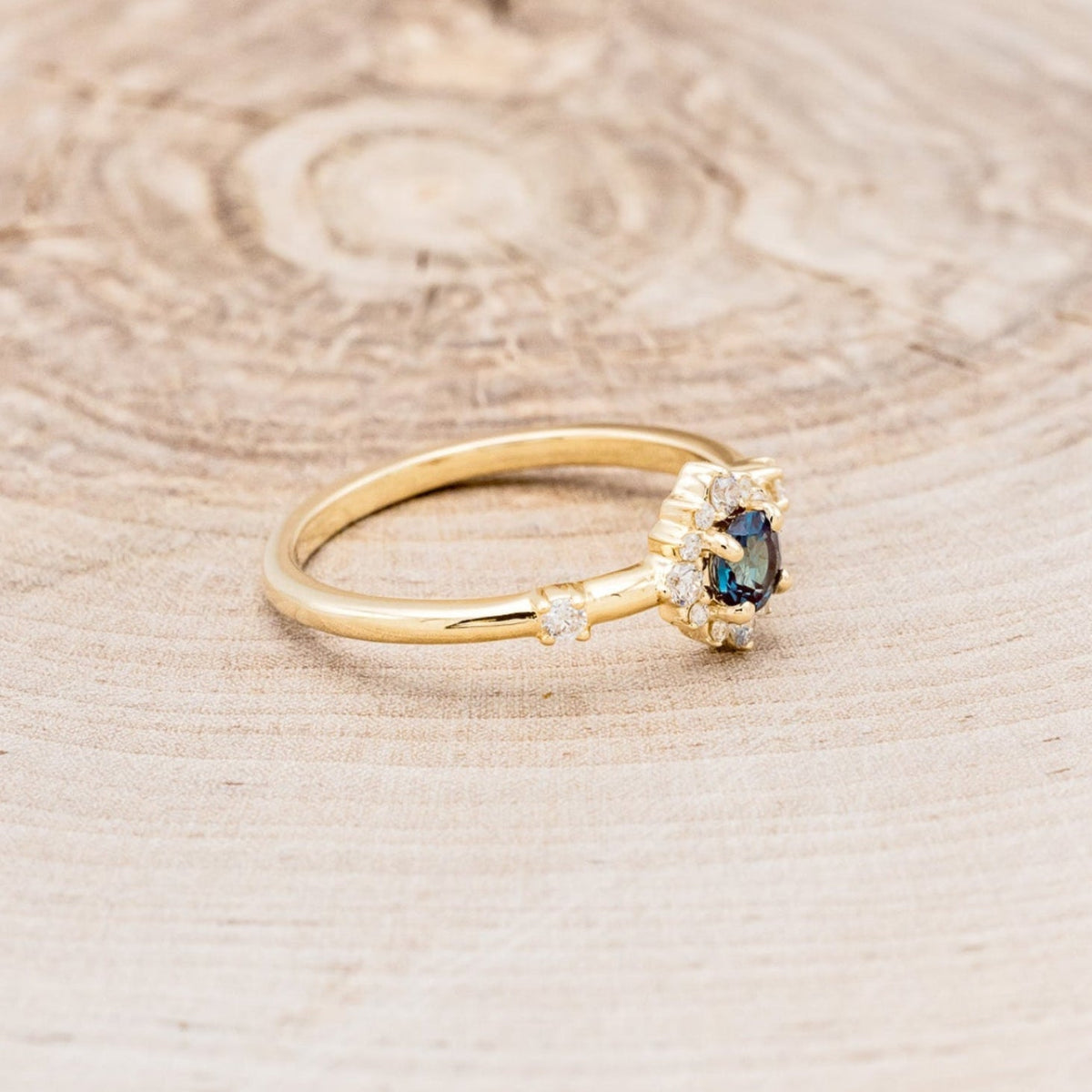 "Starla" - Round Cut Lab-Grown Alexandrite Engagement Ring With Starburst Diamond Halo