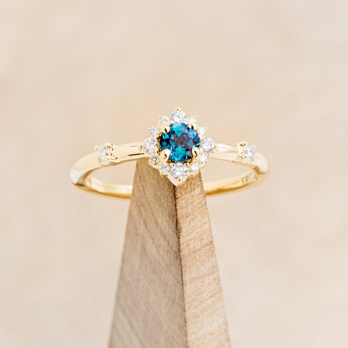 "Starla" - Round Cut Lab-Grown Alexandrite Engagement Ring With Starburst Diamond Halo