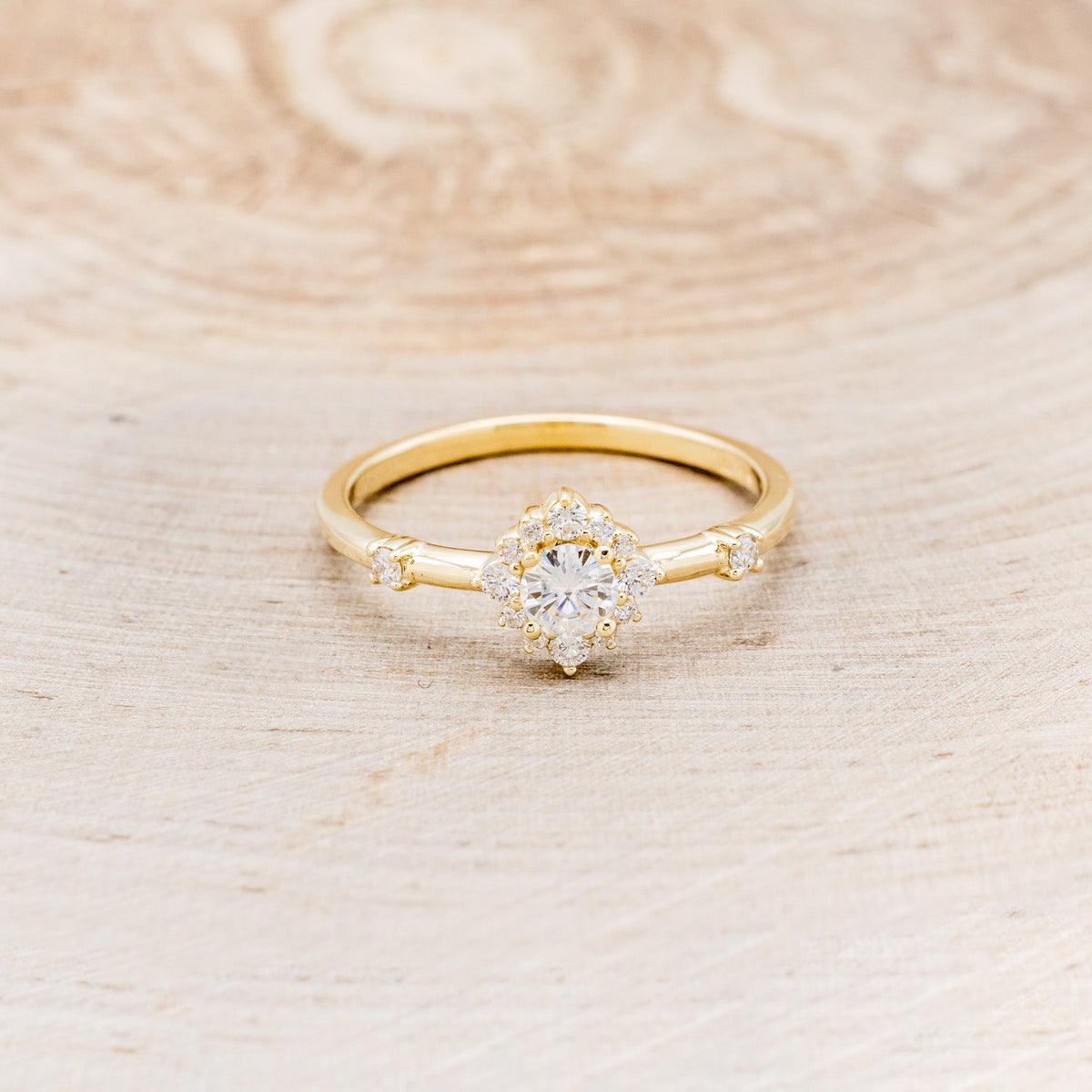 "Starla" - Round Cut Moissanite Engagement Ring With Starburst Diamond Halo