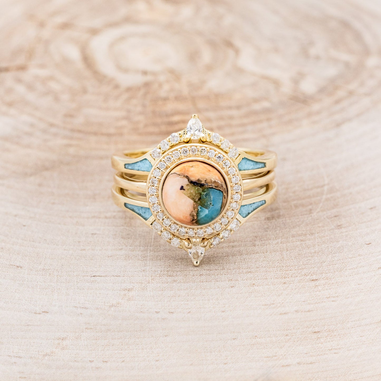 "Terra" - Bridal Suite - Round Cabochon Cut Turquoise Engagement Ring With Diamond Halo & Sama Tracers