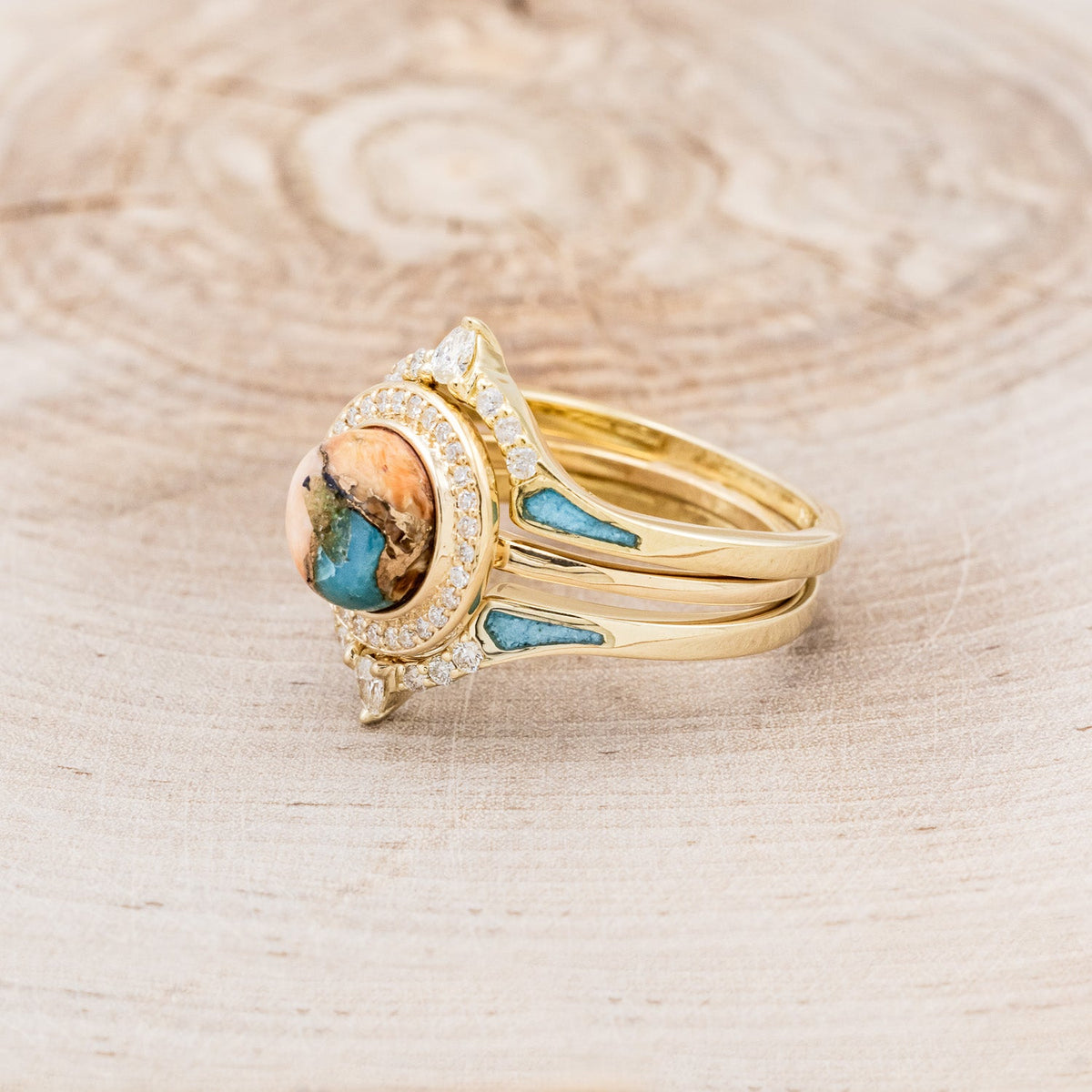 "Terra" - Bridal Suite - Round Cabochon Cut Turquoise Engagement Ring With Diamond Halo & Sama Tracers