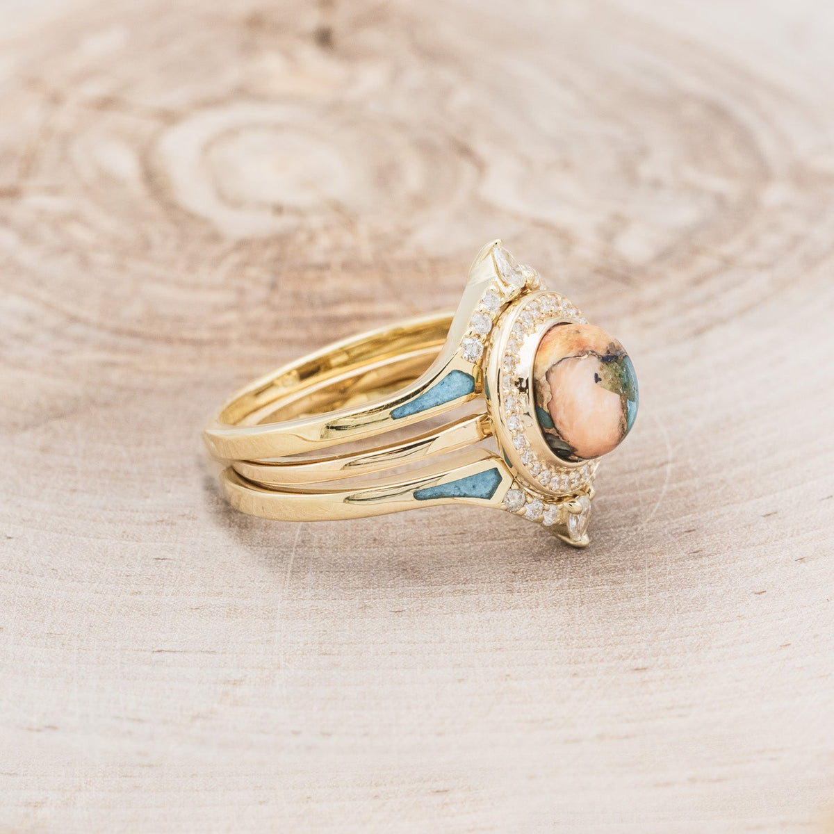 "Terra" - Bridal Suite - Round Cabochon Cut Turquoise Engagement Ring With Diamond Halo & Sama Tracers
