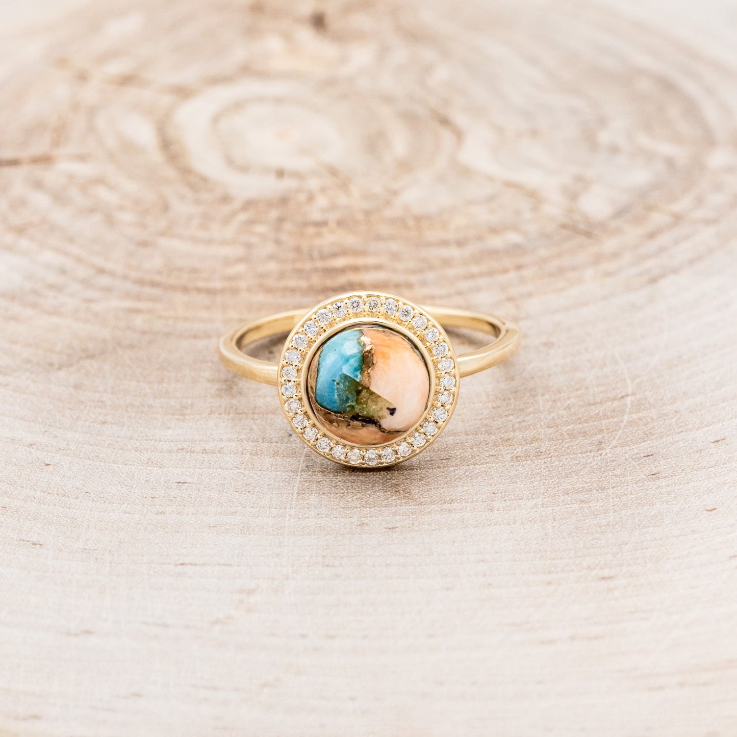 "Terra" - Bridal Suite - Round Cabochon Cut Turquoise Engagement Ring With Diamond Halo & Sama Tracers