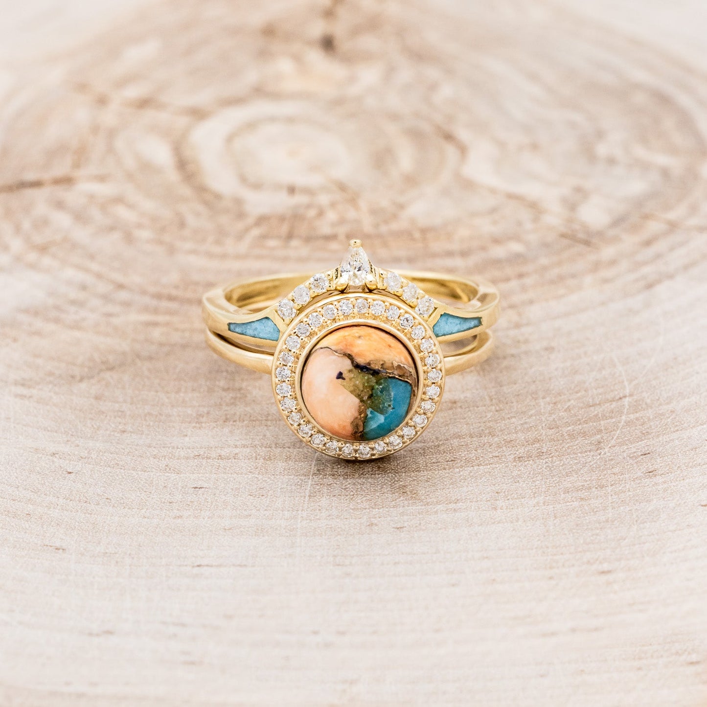 "Terra" - Bridal Suite - Round Cabochon Cut Turquoise Engagement Ring With Diamond Halo & Sama Tracers