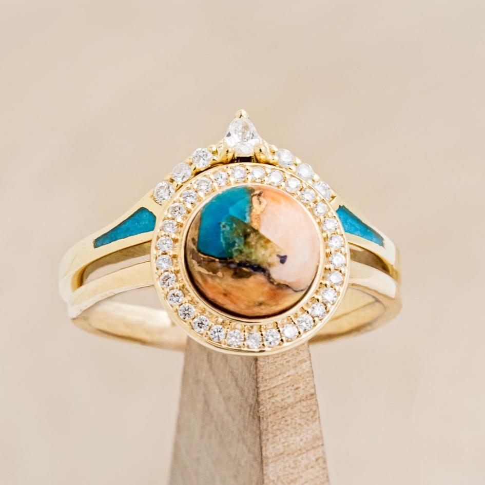 "Terra" - Bridal Suite - Round Cabochon Cut Turquoise Engagement Ring With Diamond Halo & Sama Tracers