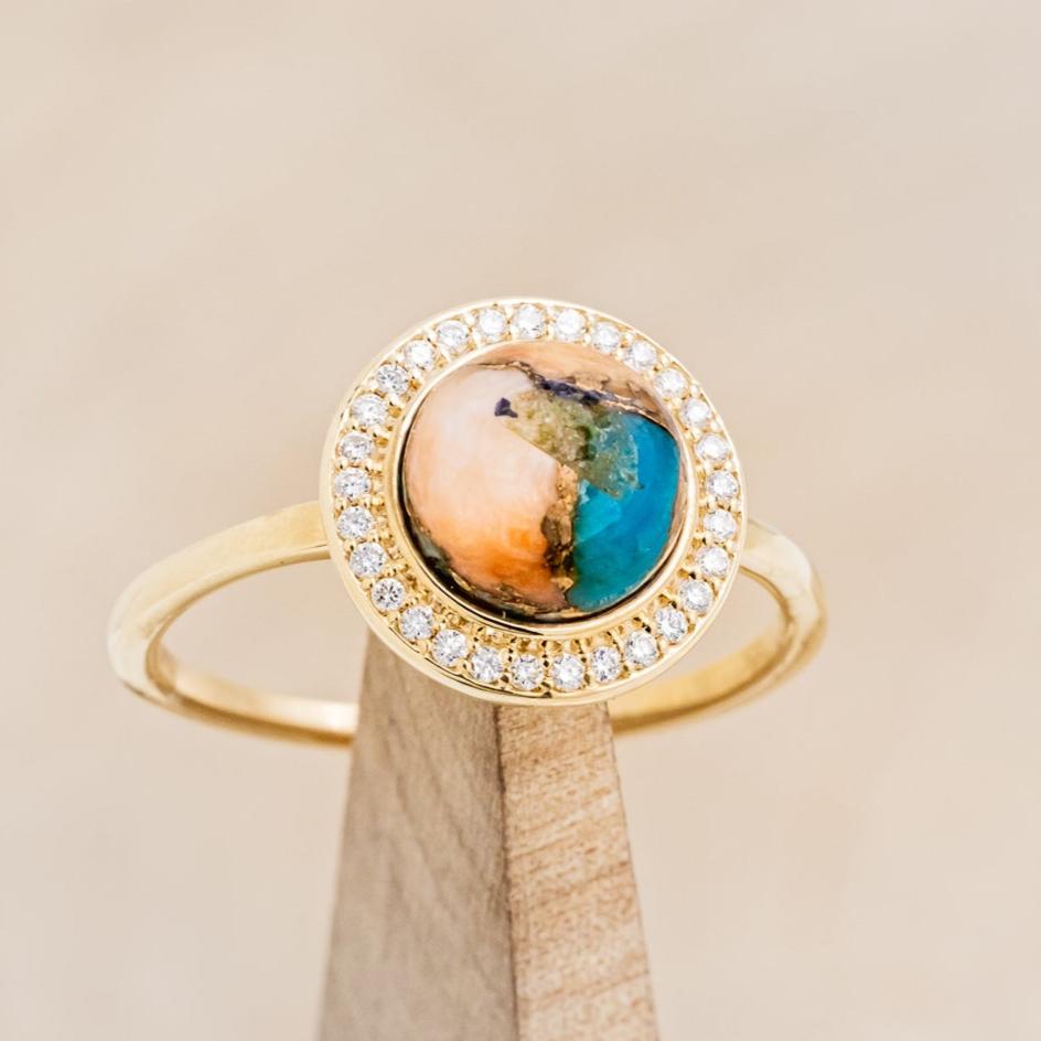 "Terra" - Bridal Suite - Round Cabochon Cut Turquoise Engagement Ring With Diamond Halo & Sama Tracers