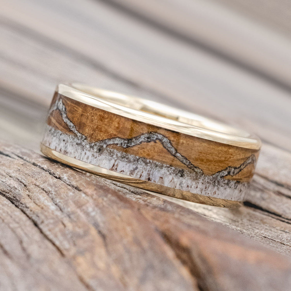 "The Expedition" - Mountain Engraved Wedding Ring With Whiskey Barrel Oak, Moonstone & Antler - 14K Yellow Gold - Size 9 1/4