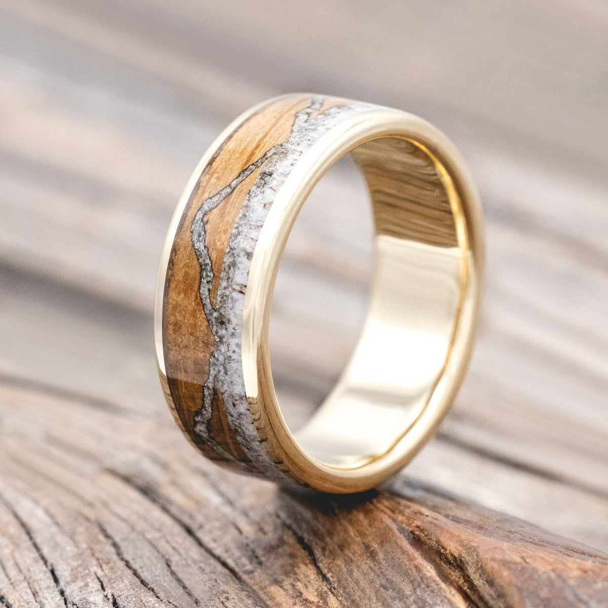 "The Expedition" - Mountain Engraved Wedding Ring With Whiskey Barrel Oak, Moonstone & Antler - 14K Yellow Gold - Size 9 1/4
