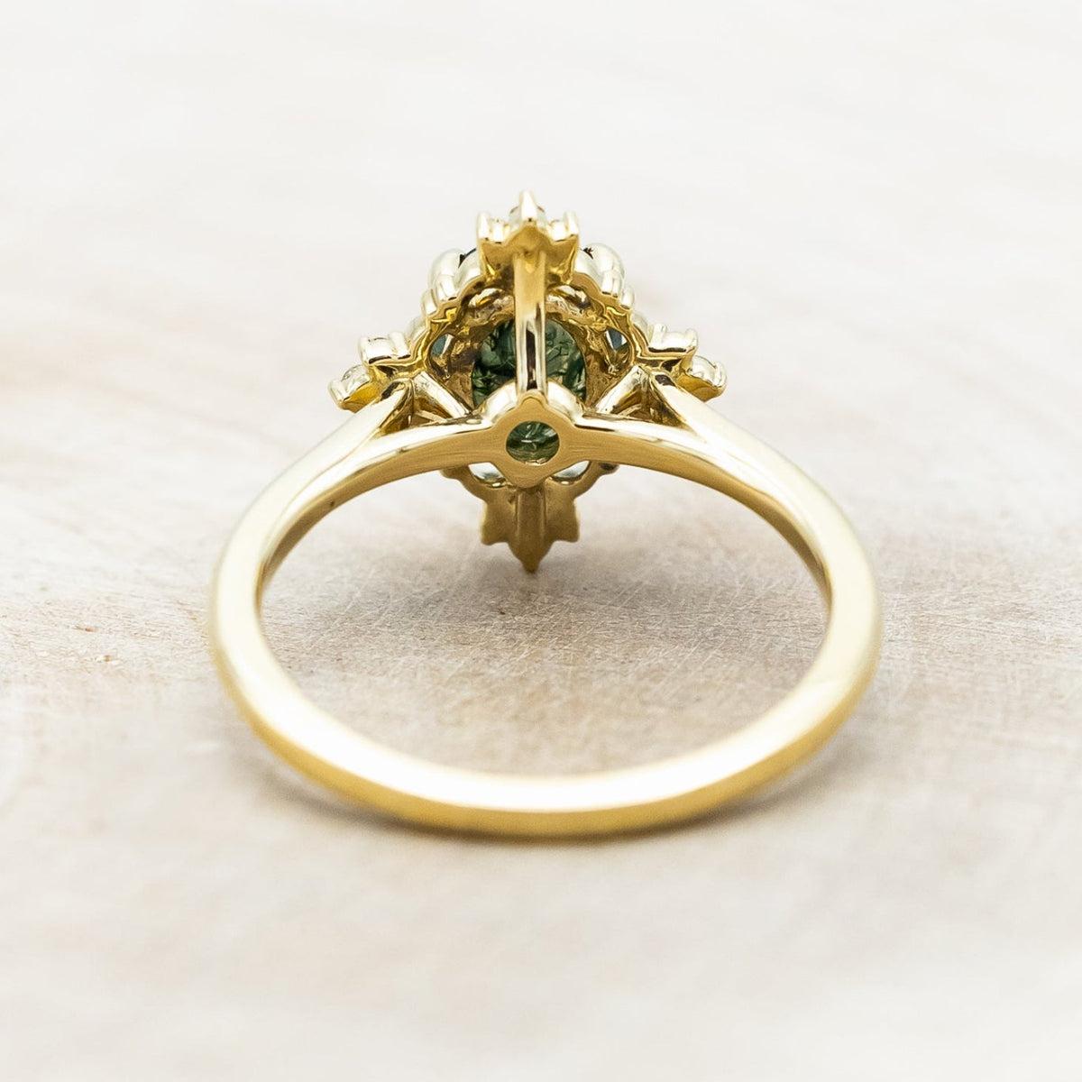 "Treva" - Oval Cut Moss Agate Engagement Ring With Diamond Accents & "Melody" Tracer