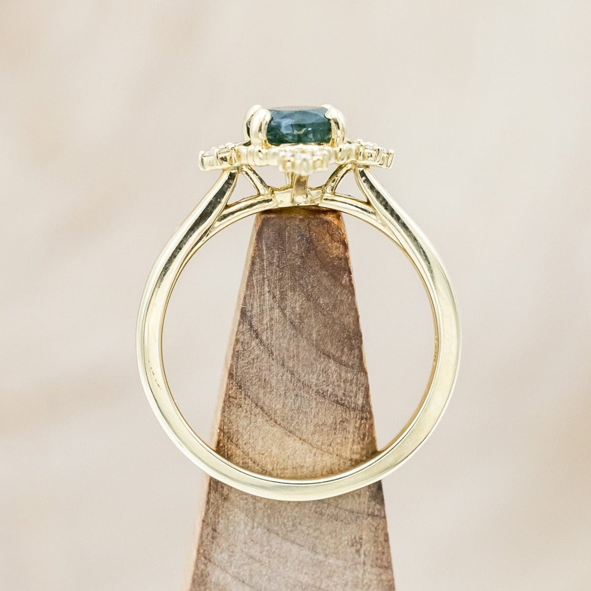 "Treva" - Oval Cut Moss Agate Engagement Ring With Diamond Accents & "Melody" Tracer